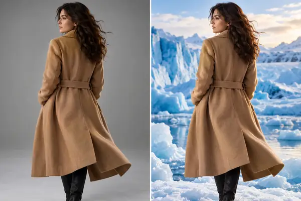 Two side-by-side fashion photos show the same person in a tan coat, first in a gray studio and then among bright blue Arctic ice.