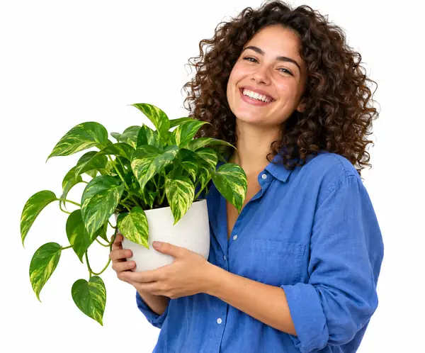 A cheerful curly-haired person in a blue shirt holds a leafy houseplant against a clean white background.