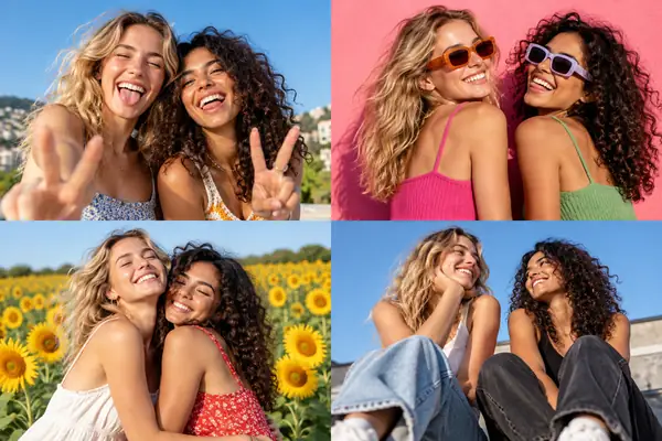 Four small fashion-photo variations show the same two friends in bright outdoor and colorful studio settings.