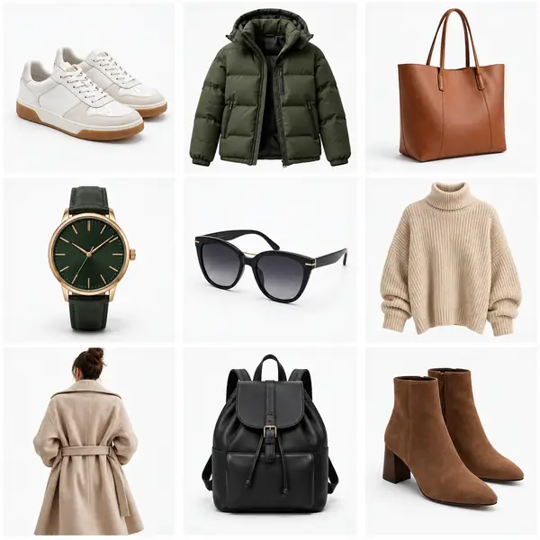 Nine neatly arranged fashion and lifestyle products, including shoes, jackets and bags, photographed in separate white square tiles.