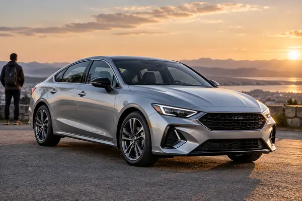 A modern silver car photographed at a three-quarter angle in an outdoor setting.