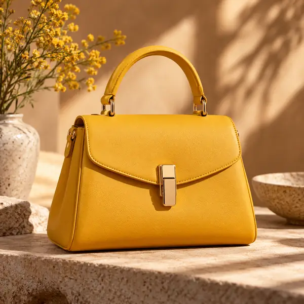 A mustard-yellow handbag photographed as a compact product image against a warm backdrop.