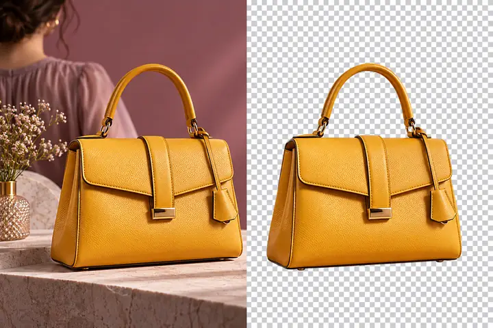 A realistic golden-yellow leather handbag shown across a split view, with a mauve studio setting on the left and a transparent-style checkerboard on the right.